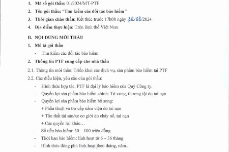 Thông tin mời thầu: Triển khai các dịch vụ, sản phẩm bảo hiểm tại PTF