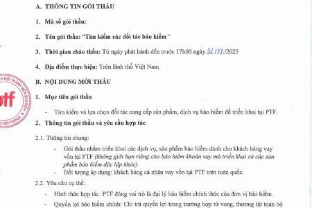 Thông tin mời thầu: Triển khai các dịch vụ, sản phẩm bảo hiểm tại PTF